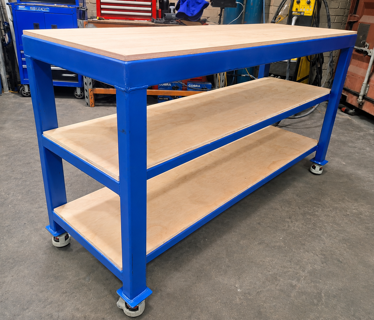 Custom steel workbench with blue frame