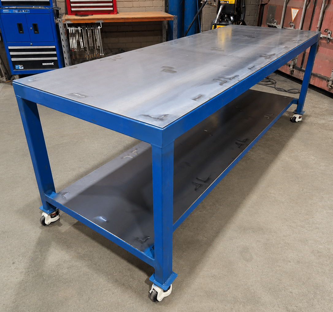 Heavy-duty mobile steel workbench with shelf and castors