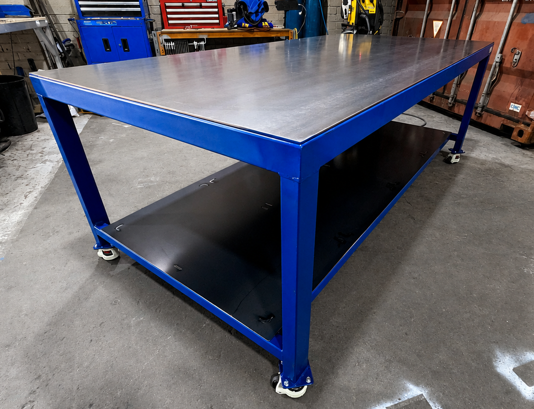 2400mm mobile steel workbench with shelf and heavy duty castors